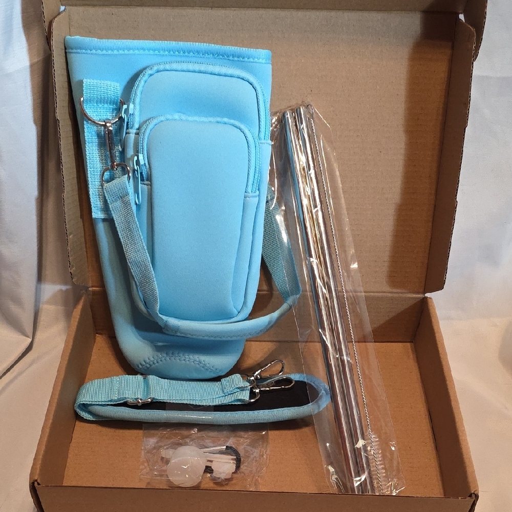 Light Blue Insulated Bottle Carrier with Strap